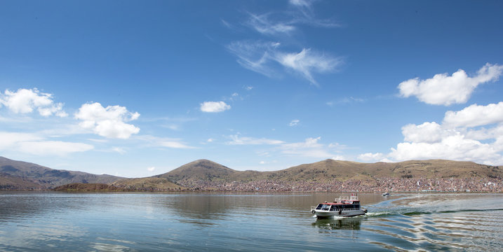 Puno Peru. Lake Titicaca. Floating village. Uros people. 