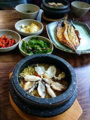 Korean hot abalone stone rice and grilled mackerel