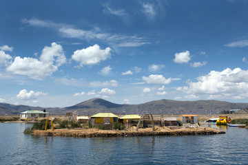Fototapeta na wymiar Puno Peru. Lake Titicaca. Floating village. Uros people. Reed culture. Reed houses.
