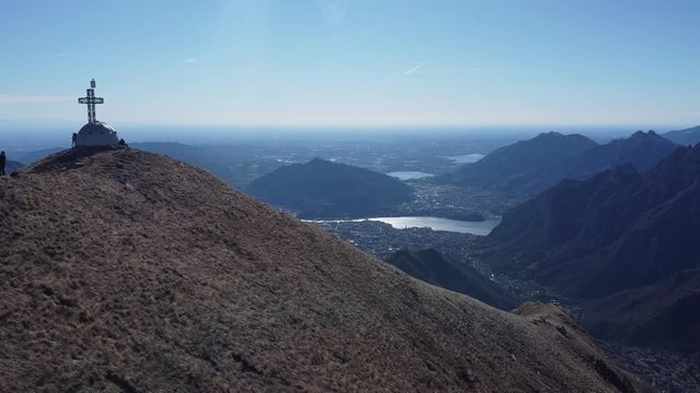 Aerial View of hikers in European Alps, Lecco, Italy