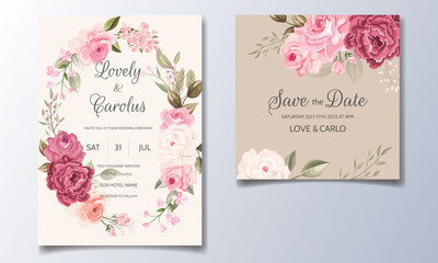 Fototapeta na wymiar Beautiful and elegant wedding invitation card template set with floral frame