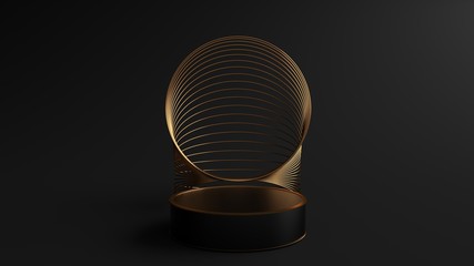Black round Pedestal. And Bending a golden circular frame into a overlap art dimension on podium and can be used for advertising, Isolated on black background, Minimalist Black, 3D rendering.