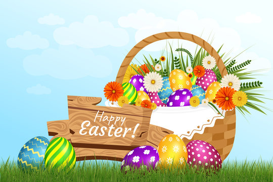 Happy Easter Card with Eggs, Grass, Flowers and Basket with flowers on background of the sky with clouds. Vector illustration