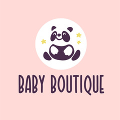 Logo design for kid toys store, market, boutique with cute panda bear character silhouette sitting isolated on white background. Baby accessories boutique emblem design. Vector flat illustration.