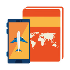 airplane in smartphone with atlas book vector illustration design