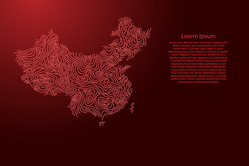 China map from red isolines or level line geographic topographic map grid. Vector illustration.