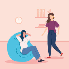 women sitting with pouf soft inside house vector illustration design