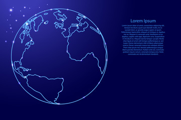 Globus planet earth with the continents of Atlantic, America, Africa from the contours network blue, luminous space stars for banner, poster, greeting card. Vector illustration.