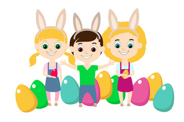 Obraz na płótnie Canvas Children one boy and two girls in rabbit ears joyfully smile on the background of Easter eggs. Design element for advertising, web banners and illustrations of the traditional Egg Hunter event.