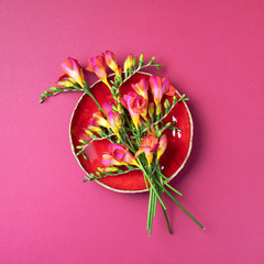 Spring freesia flowers on pink background. Top view. Flat lay. Copy space. Summer and spring concept