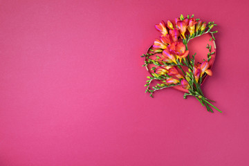 Spring freesia flowers over red heart on pink background. Top view. Flat lay. Summer and spring...