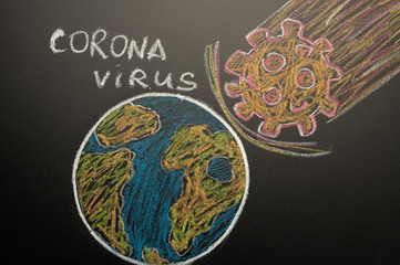 Drawn planet earth and a falling comet in the form of a virus. Concept of epidemic virus crown, pandemic. Mass infection, danger. Lettering-CORONAVIRUS.