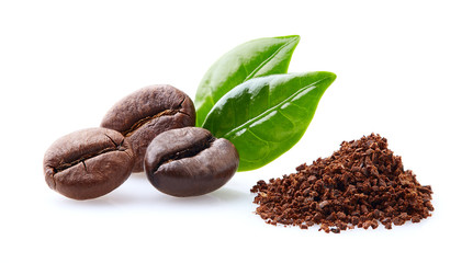 Coffee heap and coffee beans on white background