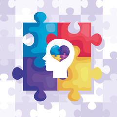 set of puzzle pieces and head profile with heart vector illustration design