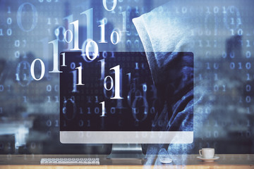 Technology theme drawing and work space with computer. Multi exposure. Concept of innovation.