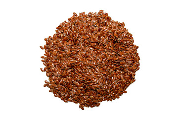 Heap of organic flax seeds isolated on white background. Flaxseeds on white. Linseed