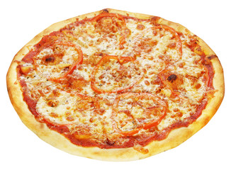 Fresh pizza Chicken Curry with tomato sauce and bell pepper isolated on white background