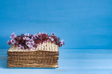 Matzah for Pesach and flowering branches on blue wooden background with copy space.