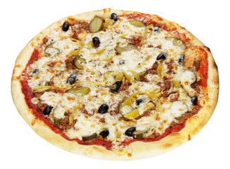 Fresh pizza Mexicana with tomato sauce and olives and cucumbers isolated on white background