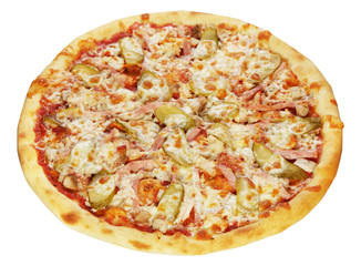 Fresh pizza with pork meat and chicken isolated on white background