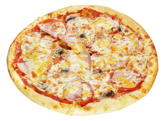 Fresh pizza with ham and tomato and mushrooms isolated on white background
