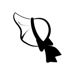 Elegant female hat with bow on back, icon isolated on white background, black vector silhouette.