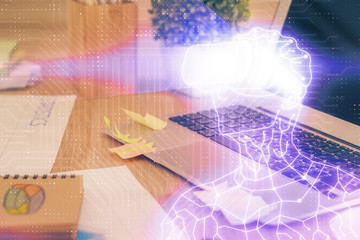 Computer on desktop with AR theme icon. Multi exposure. Concept of augmented reality.