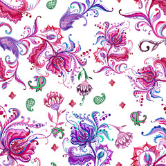 Ethnic seamless pattern in the style of kalamkari, hand drawing in watercolor,fancy floral, Paisley .East Indian traditional,carpet,ceramic design,fabric drawing,Wallpaper.