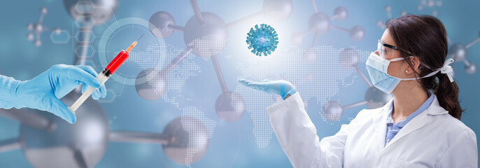 scientist with virus and hand holding a syringe in molecular background, 3d illustration