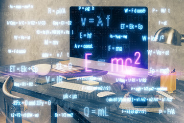 Desktop computer background and formula hologram writing. Double exposure. Education concept.
