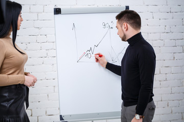 The guy a businessman, teacher, mentor teaches a specialist girl, a student. Working day concept