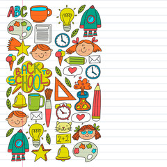 Online education concept. Vector icons and elements for little children, college, internet courses. Doodle style, kids drawing.