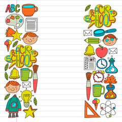 Fototapeta premium Online education concept. Vector icons and elements for little children, college, internet courses. Doodle style, kids drawing.