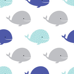 seamless pattern with colorful whales in scandinavian style isolated on white