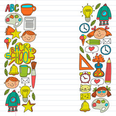 Obraz na płótnie Canvas Online education concept. Vector icons and elements for little children, college, internet courses. Doodle style, kids drawing.