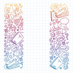 English internet online courses. Doodle vector concept illustration of learning english language.