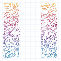 Fototapeta premium English internet online courses. Doodle vector concept illustration of learning english language.