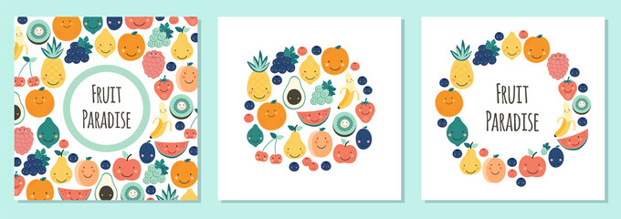 Cute set of Fruit Paradise backgrounds with various fruit characters