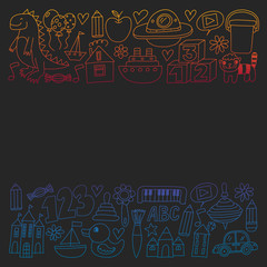 Kindergarten preschool school children. Kids drawing style vector pattern. Play grow learn together.
