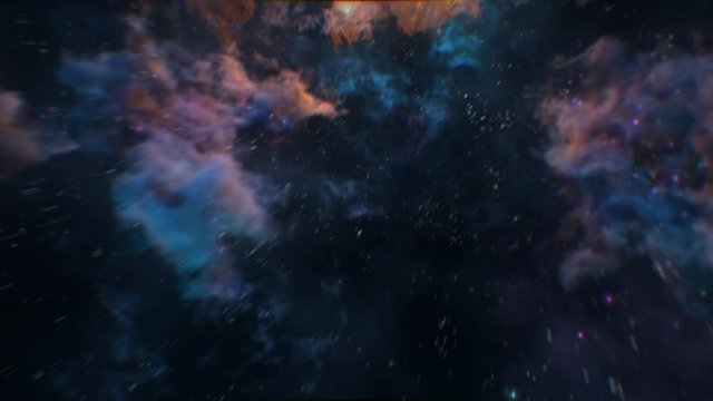 Traveling through the cosmic starry sky and watching the fantastic and twinkling three-dimensional nebula