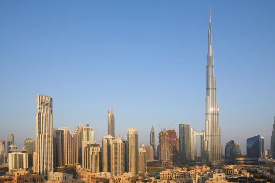 Burj Khalifa skyscraper and Dubai city view in a sunny morning