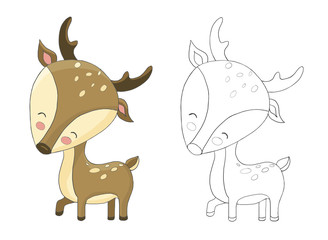 Children coloring book cute baby forest cartoon deer elk bamby colorless colored isolated on white background