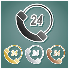 Support 24 hours sign. Set of metallic Icons with gray, gold, silver and bronze gradient with white contour and shadow at viridan background. Illustration.