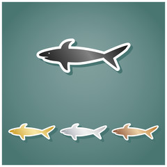 Shark sign. Set of metallic Icons with gray, gold, silver and bronze gradient with white contour and shadow at viridan background. Illustration.