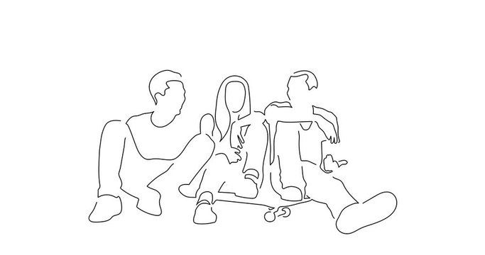 Group of friends sitting on the street line drawing, animated illustration design. Urban lifestyle.