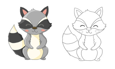 Children coloring book cute sweet raccoon forest cartoon colorless colored isolated on white background