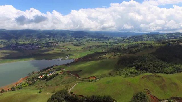 South America. Top aerial view to the Calima lake, Colombia. Wild nature and landscape from above.