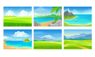 Fototapeta premium Beach and Mountain Scenes and Landscapes Vector Set