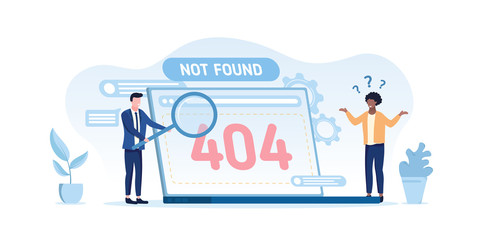 Fototapeta na wymiar 404 computer error - not found on an open laptop screen with a confused black man and businessman trying to conduct a web search, vector illustration