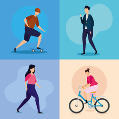scenes of young people doing activities vector illustration design